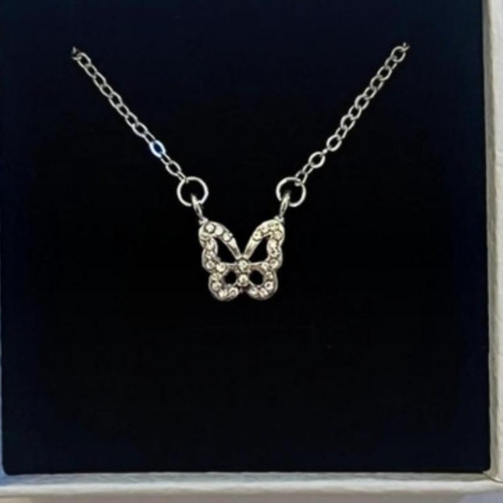 Rhinestone Butterfly Pendant Necklace silver